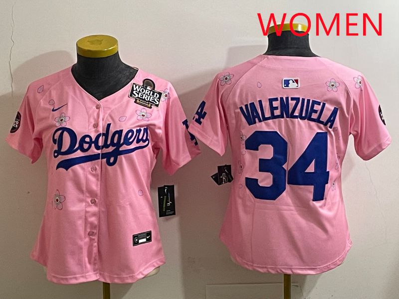 Women Los Angeles Dodgers 34 Valenzuela Pink Sakura Edition 2025 Nike MLB Jersey style 36